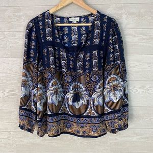 Lucky Brand boho loose fit floral cotton blouse sz M crochet detail tassels